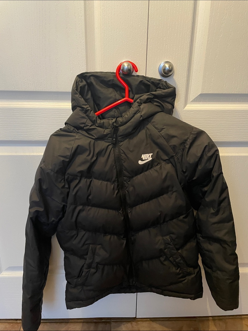 Nike Black Hooded Kids Puffer Jacket with White Logo